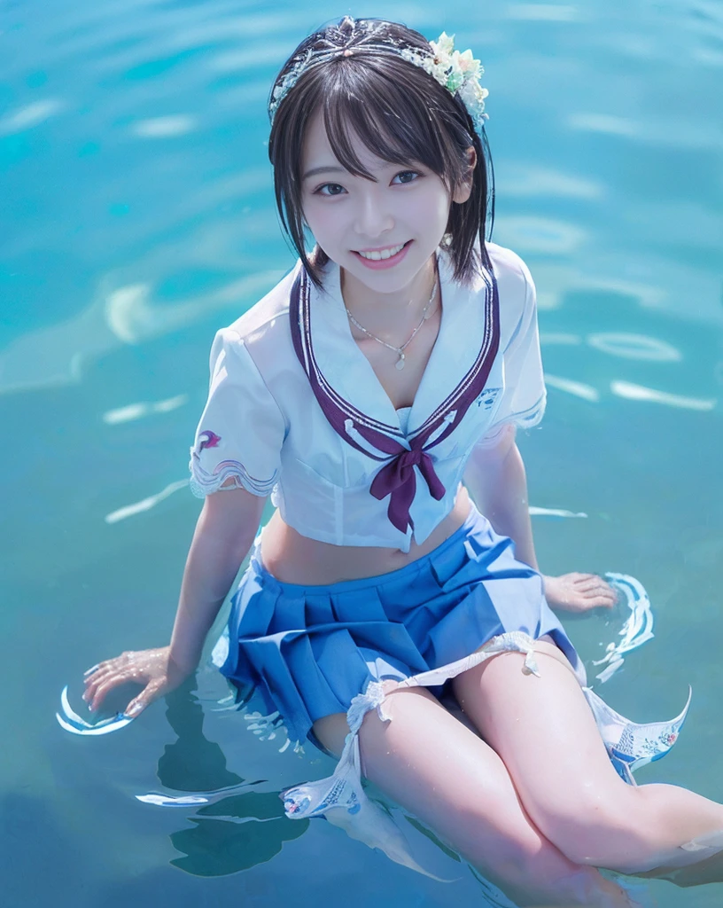 (NFSW)、(High resolution:1.5)、Highest quality,Very detailed,masterpiece,Super detailed,alone,(One 12 year old girl),((Summer School Uniforms:1.5)), Seraphim, ((skirt:1.5)),  smile, Thigh fetish images: 1.5、(((barefoot)))、(Her thighs and white bikini reflected in the clear blue water)、(reflected in water:1.5)、((I can see the white string panties:1.5))、(Cleavage)、((Clear blue seawater))、Summer sun、はしゃいだsmile、Beautiful Eyes、(pull-out-panties)、Big necklace and tiara、The water is marine blue、