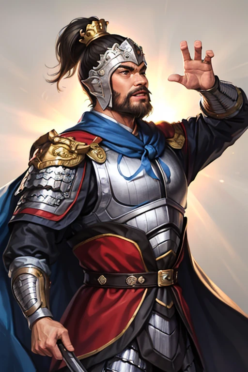 8K,man with sword,ornate armor(The elaborately crafted coat of arms of a nobleman),ultra high resolution,surreal,realistic skin,Black hair short hair,big black eyes,clear eye description, muscular body,waist armor,delicate hands, Perfect hand shape, character art, action pose,masterpiece,Realistic RAW photos of the highest quality,bright colors,rich colors, backlight, movie lights, film grain,50mm lens