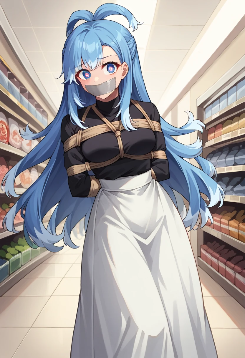 score_9, score_8_up, source_anime, 1girl, solo, KoboKanaeru, blue eyes, long hair, blue hair, colored tips, white hair, high-waist skirt, long skirt, white skirt, black shirt, long sleeves, , standing, indoors, shopping mall, (bound with an excessive amount of ropes), (bound wirsts), (arms behind back), (tapegag, tape gag), dramatic,  (looking at viewer), (detailed pupils:1.3)