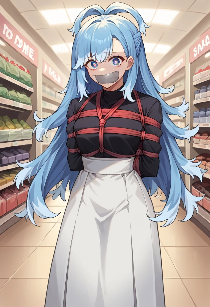 score_9, score_8_up, source_anime, 1girl, solo, KoboKanaeru, blue eyes, long hair, blue hair, colored tips, white hair, high-waist skirt, long skirt, white skirt, black shirt, long sleeves, , standing, indoors, shopping mall, (bound with an excessive amount of ropes), (bound wirsts), (arms behind back), (tapegag, tape gag), dramatic,  (looking at viewer), (detailed pupils:1.3)