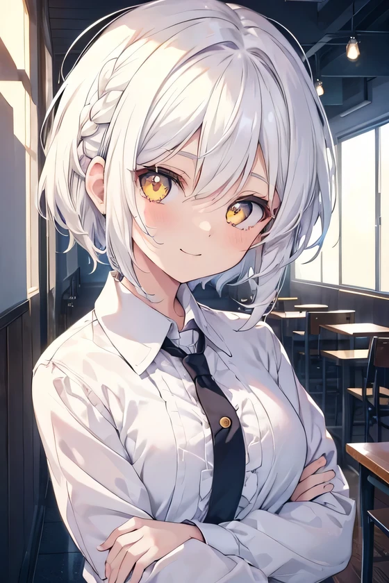 girl, cute anime girl, smiling, white hair, short hair, hair in a braid on the side, messy hair, big eyes, yellow eyes