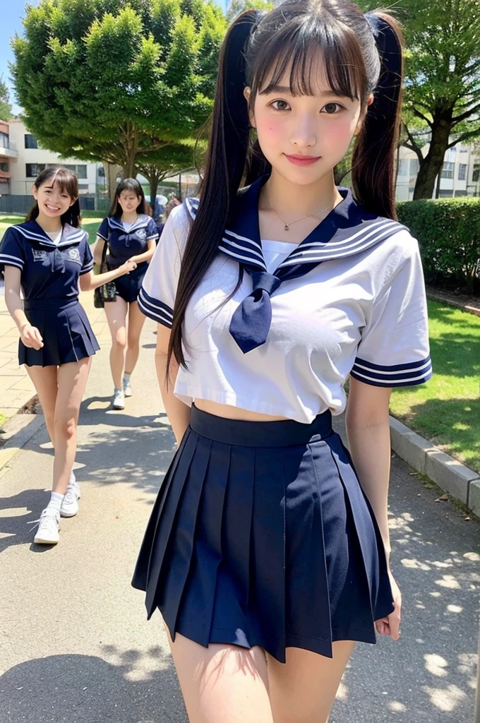 girls walking in sunny school yard,navy blue school swimsuit,BREAK,sailor shirt and pleated skirt,BREAK,18-year-old,bangs,a little smile,thighs,knees,short hair with low pigtails bunches,from before,front light