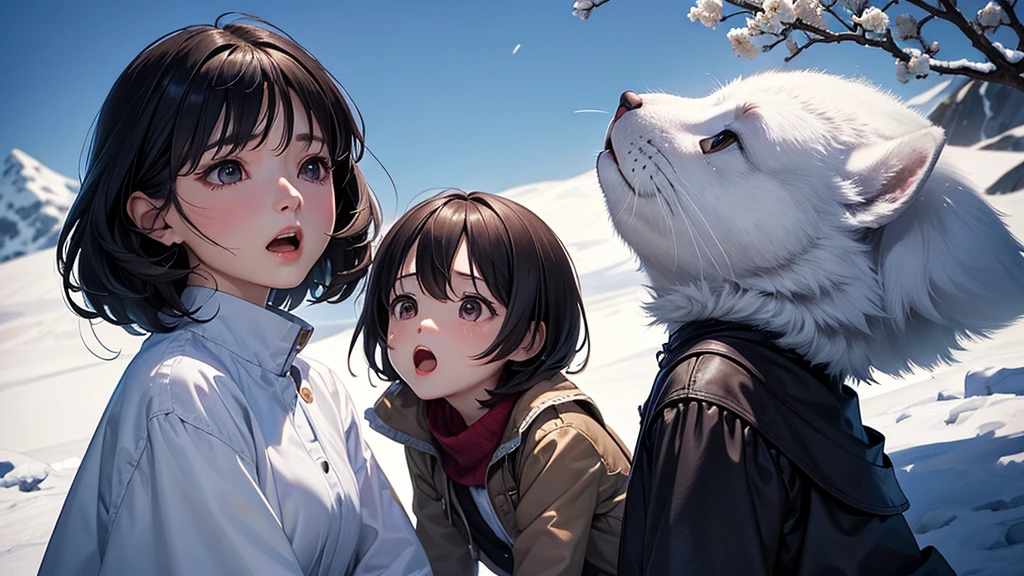 Mature Woman, 50 years old, Wrinkle, 、(((Highest quality、Masterpiece、Official Art、The best dynamic composition、HD、Super detailed)))、Short-cut hair with gray hair、overhead shot, upper body, snow mountain, concept art, shedding tears、The old woman is kneeling on the ground, looking up at the sky with a sad expression on her face.、Shouting with a big mouth、