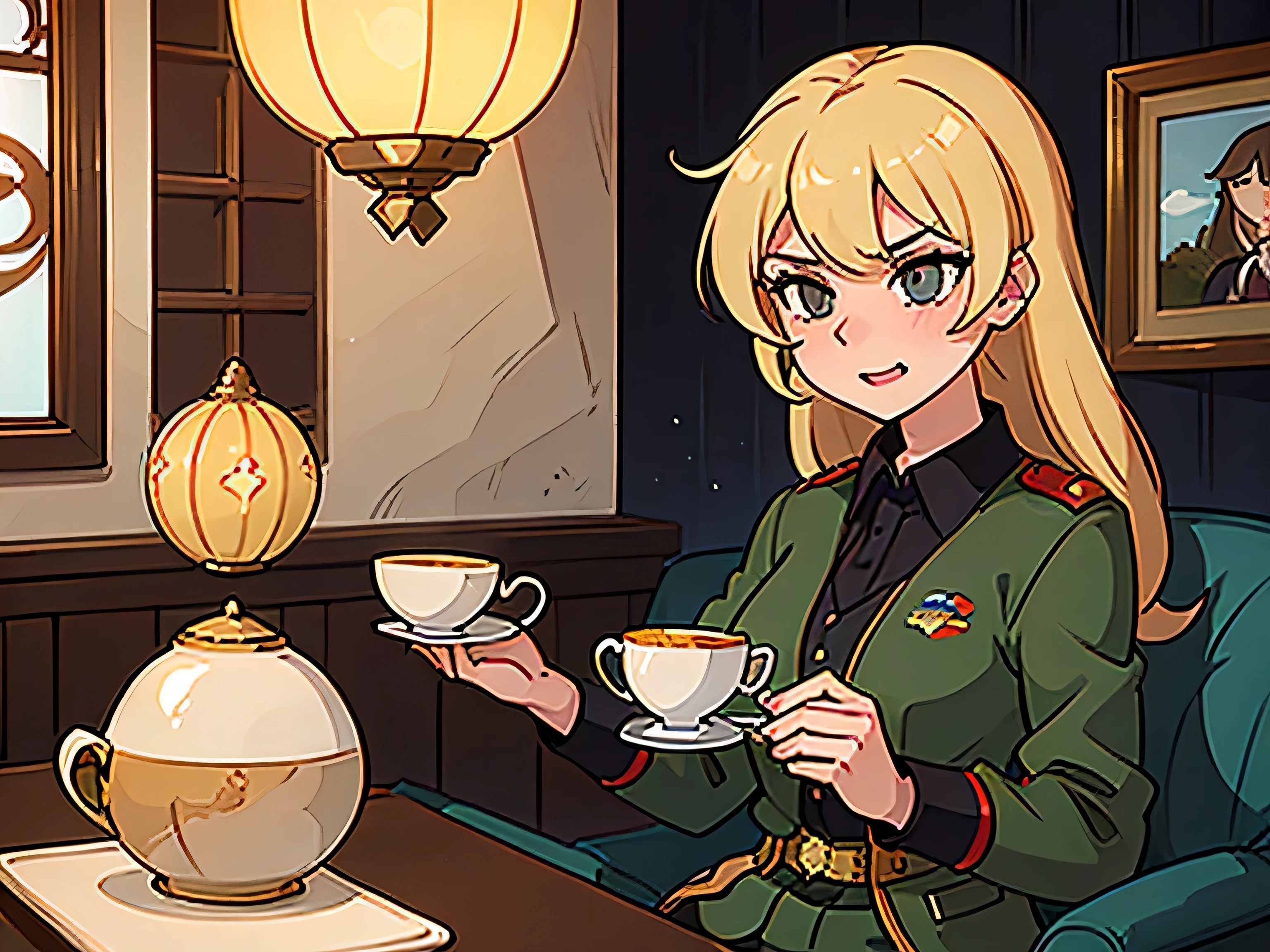 Pretty girl, british royalguard, blonde, looking down, holding tea cup, fang, girls und panzer, ((alone)), smug