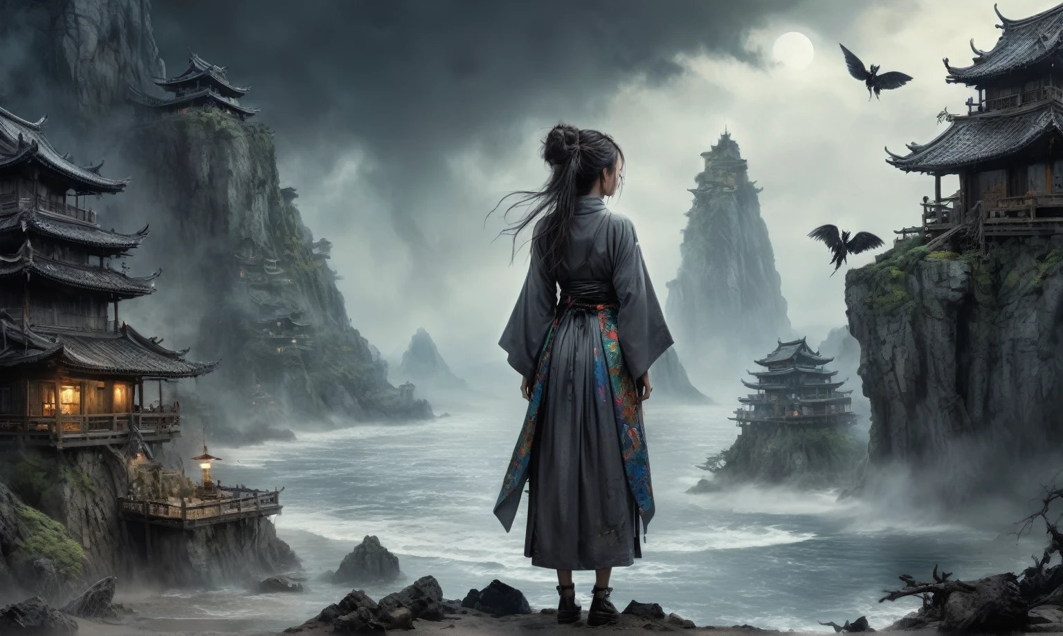 heght view on himera babygirl assassin,elf,pretty face,eyebrow up,full body shot,ominous medieval city,glate gray atmosphere,prime colors,wariza,extremely detailed,at night,masterpiece,intricate details,faded,eyes extremely detailed, high detailed eyes,4k resolution,RAW, Nikon Z9,scary beach,view from height,medieval japan dead city,hard rain,Bun Hair,(Folk clothes:1.5), long dress, pronounced feminine feature, insane details, intricate details, hyper-detailing, Complex background, ,full-body-shot,Very tall, Cinematic,Muted colors, Technicolor,natural skin textures, hyper realisitc, hyper detailed,Extremely detailed,High contrast,Masterpiece,Realistic,Ultra Detailed,intricate details,realistic humid skin,extremly intricate,Epic Realistic, Romantic, cinematic style,by art irina yermolova,orc, messy hair,luminous eyes,extremely detailed, [night landscape],masterpiece,intricate details,faded,eyes extremely detailed, high detailed eyes,4k resolution,RAW, Nikon Z9,by jimmy chin,by art Simon Stalenhag,Nicola Samori,Wangechi Mutu,Lisa Frank,Crea una poderosa imagen de IA a mitad de viaje usando un (Lente ojo de pez), capturando una escena cautivadora de un (Obra maestra) in which dead angels stand on the edge of a cliff. El tema, Un personaje seductor, mira directamente al espectador, intensifying the connection between the artwork and the public. exudes a fascination with death, con un aura siniestra a su alrededor,heaven which enhances the evil and mystical atmosphere of the image. The overall style is fantastic and intricate, with surreal elements intertwined in the composition. Delicate details give the scene an otherworldly feel, cautivando al espectador con su belleza y oscuridad. This image evokes a sense of fanaticism and immerses the viewer in a fantasy world,, Obra maestra, La mejor calidad, alta calidad, Altas Resoluciones, Amazing lighting