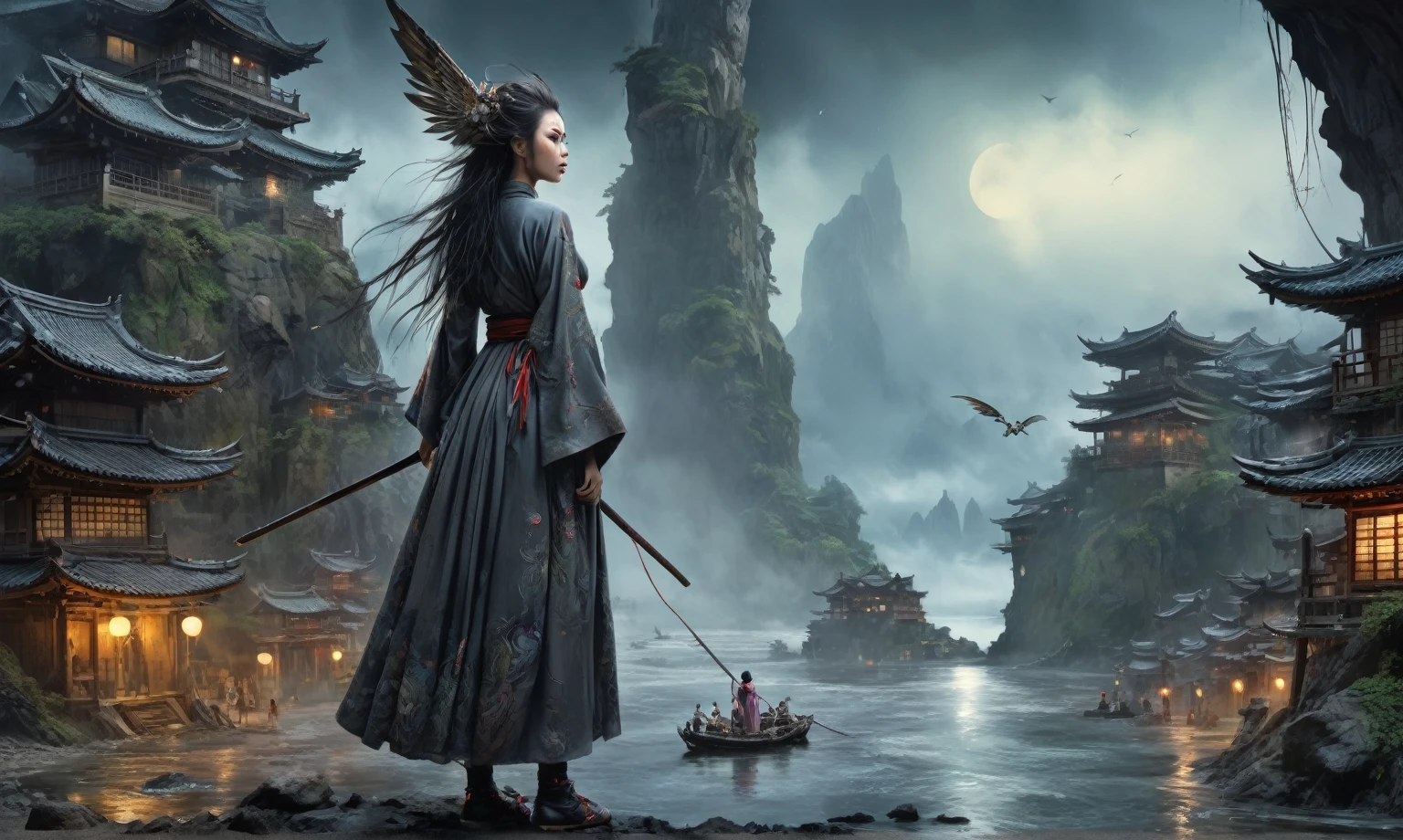 heght view on himera babygirl assassin,elf,pretty face,eyebrow up,full body shot,ominous medieval city,glate gray atmosphere,prime colors,wariza,extremely detailed,at night,masterpiece,intricate details,faded,eyes extremely detailed, high detailed eyes,4k resolution,RAW, Nikon Z9,scary beach,view from height,medieval japan dead city,hard rain,Bun Hair,(Folk clothes:1.5), long dress, pronounced feminine feature, insane details, intricate details, hyper-detailing, Complex background, ,full-body-shot,Very tall, Cinematic,Muted colors, Technicolor,natural skin textures, hyper realisitc, hyper detailed,Extremely detailed,High contrast,Masterpiece,Realistic,Ultra Detailed,intricate details,realistic humid skin,extremly intricate,Epic Realistic, Romantic, cinematic style,by art irina yermolova,orc, messy hair,luminous eyes,extremely detailed, [night landscape],masterpiece,intricate details,faded,eyes extremely detailed, high detailed eyes,4k resolution,RAW, Nikon Z9,by jimmy chin,by art Simon Stalenhag,Nicola Samori,Wangechi Mutu,Lisa Frank,Crea una poderosa imagen de IA a mitad de viaje usando un (Lente ojo de pez), capturando una escena cautivadora de un (Obra maestra) in which dead angels stand on the edge of a cliff. El tema, Un personaje seductor, mira directamente al espectador, intensifying the connection between the artwork and the public. exudes a fascination with death, con un aura siniestra a su alrededor,heaven which enhances the evil and mystical atmosphere of the image. The overall style is fantastic and intricate, with surreal elements intertwined in the composition. Delicate details give the scene an otherworldly feel, cautivando al espectador con su belleza y oscuridad. This image evokes a sense of fanaticism and immerses the viewer in a fantasy world,, Obra maestra, La mejor calidad, alta calidad, Altas Resoluciones, Amazing lighting