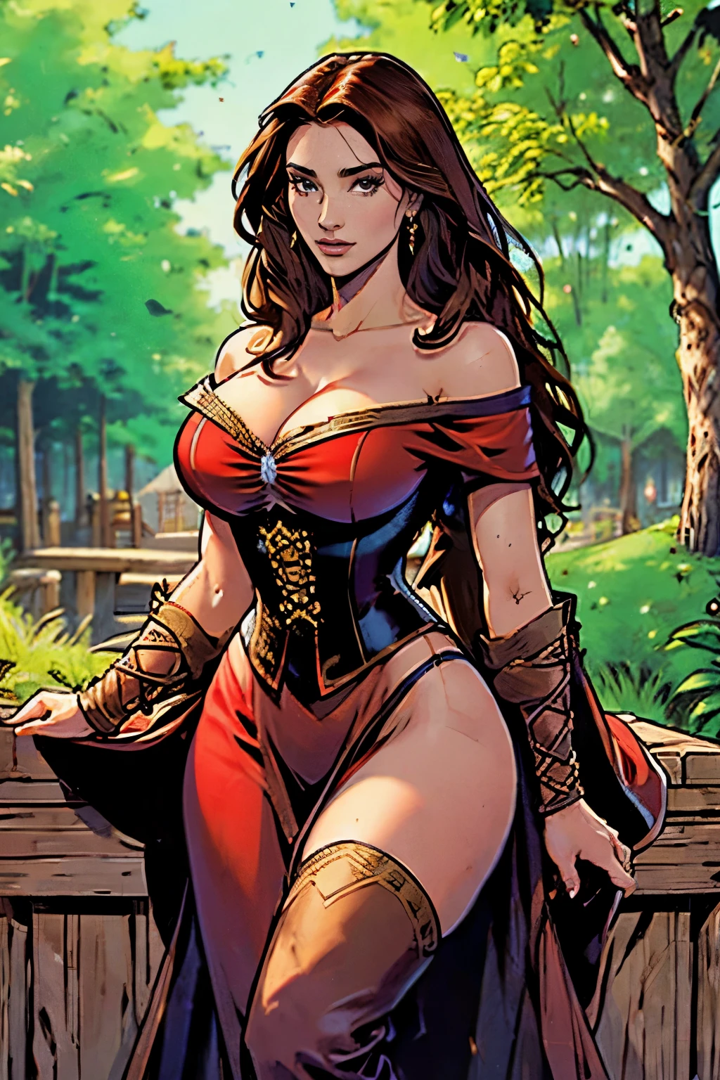 Gorgeous and sultry busty athletic (happy) brunette with sharp facial features, long hair, large breasts wearing a renaissance dress, off-shoulder, corset, red dress, In a renaissance fair, medieval village, forest.