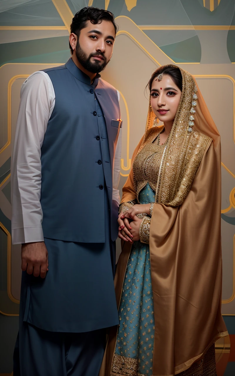 they are dressed in traditional attire and posing for a picture, wedding photo, lovely couple, wedding, by Riza Abbasi, official photos, very clear picture, khyzyl saleem, ruan ji, couple, wife, inspired by Riza Abbasi, traditional clothes, wearing traditional garb, kyza saleem, happy couple, traditional clothing