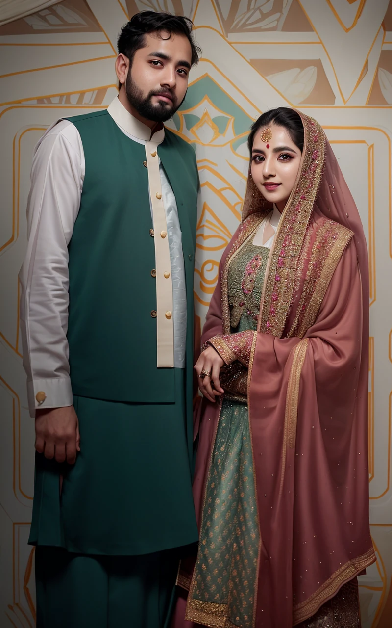 they are dressed in traditional attire and posing for a picture, wedding photo, lovely couple, wedding, by Riza Abbasi, official photos, very clear picture, khyzyl saleem, ruan ji, couple, wife, inspired by Riza Abbasi, traditional clothes, wearing traditional garb, kyza saleem, happy couple, traditional clothing