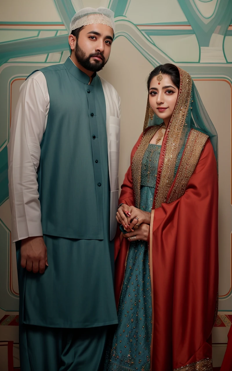 they are dressed in traditional attire and posing for a picture, wedding photo, lovely couple, wedding, by Riza Abbasi, official photos, very clear picture, khyzyl saleem, ruan ji, couple, wife, inspired by Riza Abbasi, traditional clothes, wearing traditional garb, kyza saleem, happy couple, traditional clothing