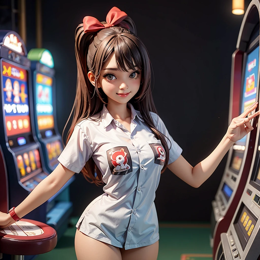 happy and smile, indonesian girl wearing high , teasing you, waiting customer play, work as casino customer service, standing in between slot machine, red casino background, have tittle in shirt write "COBLOS4D"
