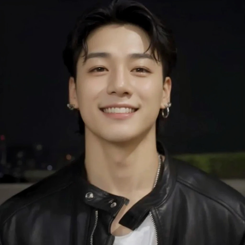 a close-up of a person wearing a leather jacket and smiling, Jungkook, cai xukun, hyung tae, smiling right, taejune kim, glossy from rain, taken at the beginning of 2020, profile picture with headshot, south korean man, adorable and pale korean face, he is about 2 5 , korean artist, Portrait of cute korean