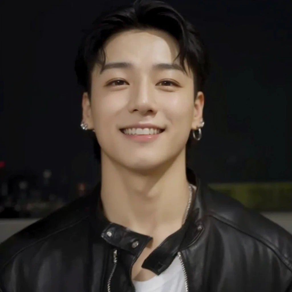 a close-up of a person wearing a leather jacket and smiling, Jungkook, cai xukun, hyung tae, smiling right, taejune kim, glossy from rain, taken at the beginning of 2020, profile picture with headshot, south korean man, adorable and pale korean face, he is about 2 , korean artist, Portrait of cute korean