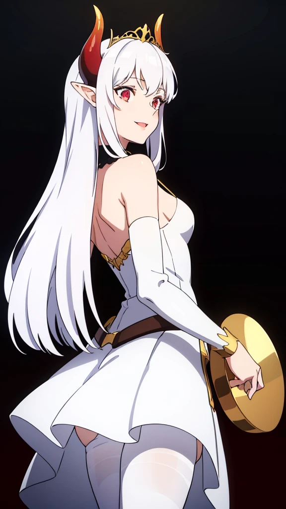 1girl,s,small size,solo,white short dress,white hair,long hair,elf ears,horns,white pantyhose,cleavage,red eyes,gold tiara,((no background)),talking,happy,smile,separated lips,(from behind)