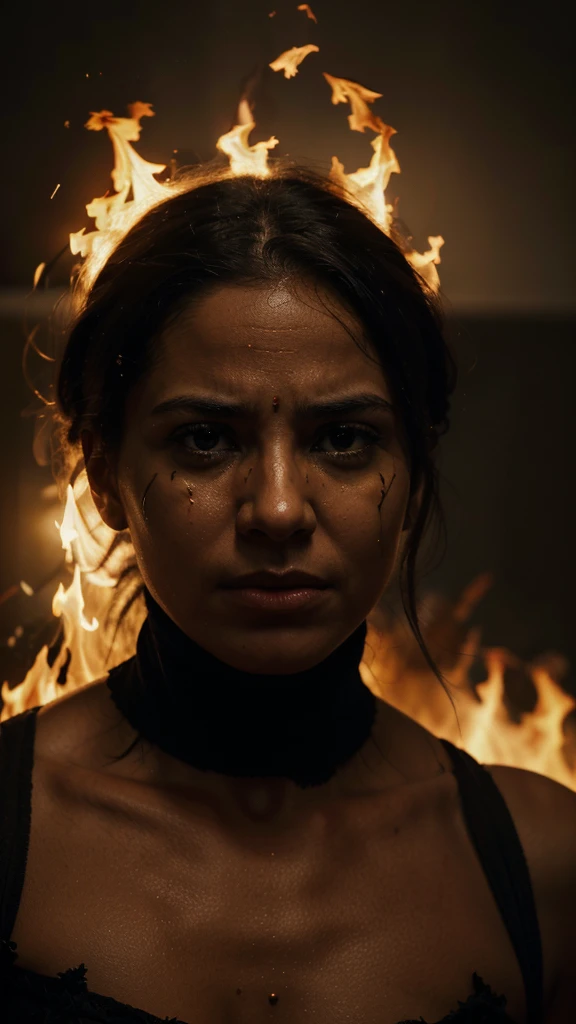 A photo depicting a view of hell with burning fire and a tense dark atmosphere. In the middle there is a human figure who is experiencing torture, with a facial expression that looks very suffering. Around it there is text in Arabic which explains that the torture is for people who like to curse and hoard wealth without thinking about other people. This painting shows God's fair decision against this bad behavior." very realistic, high resolution, 8k resolution, intricate details, dramatic