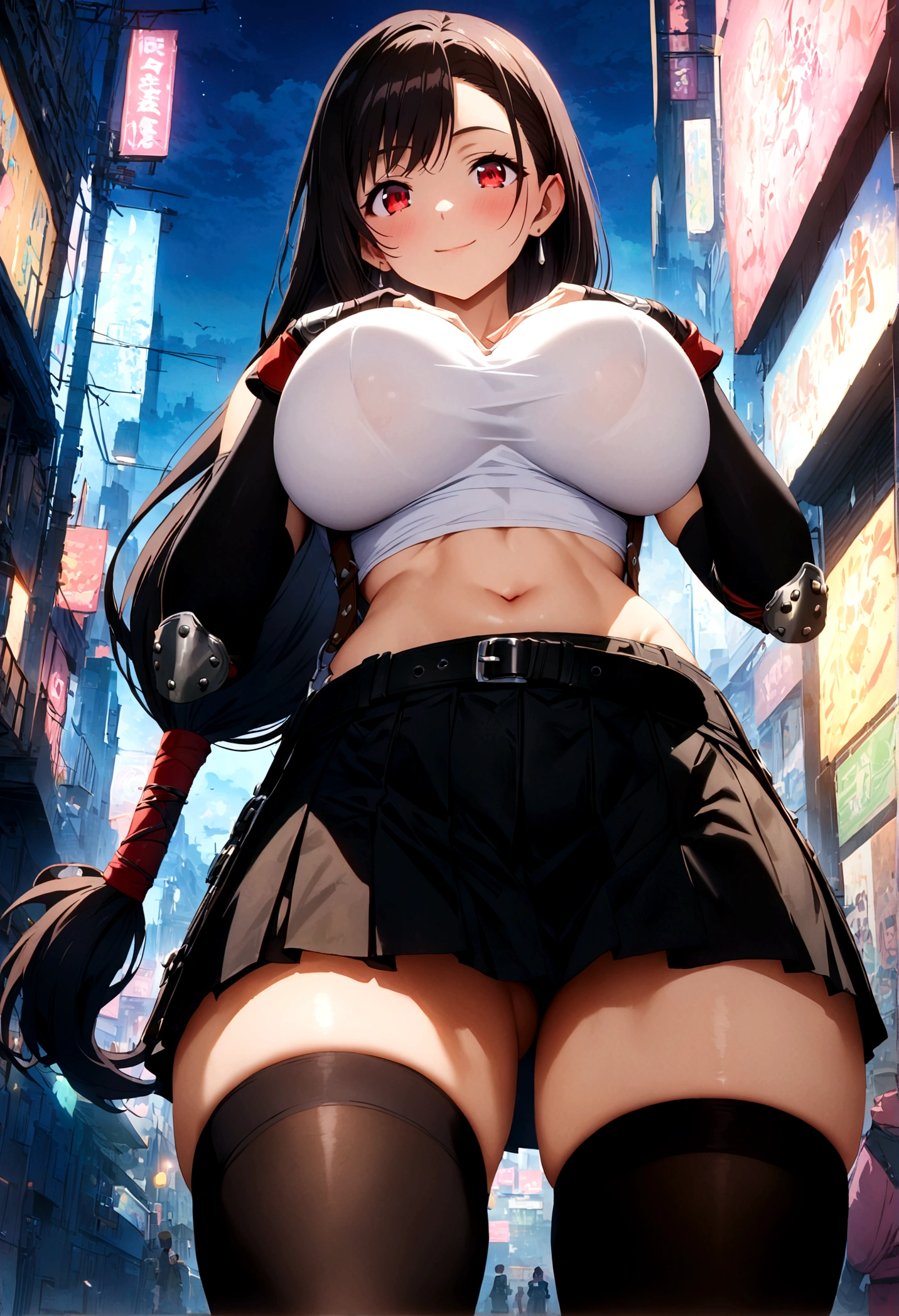 score_9, score_8_up, score_7_up,4k, ,BREAK , from below,from front,breast focus,standing,straight-on,(breast suppress,breasts squeezed together),,(medium shot),looking_at_viewer ,1girl, tifa lockhart, final fantasy, tareme,black hair, low-tied long hair, red eyes, bangs, white tank top, belt, pleated skirt, thighhighs, elbow fingerless gloves, elbow pads, midriff, navel,suspender skirt ,big_breasts,(light smile),Curvy waist ,Solo,,(midnight and beachside and city),Toned,,detailed skin,(best quality),(aesthetic,very aesthetic),masterpiece, highres,4k,(ultra-detailed:1.4) (illustration:0.4), (ray tracing,:0.7),(anime colored:0.7),(ai-generated:0.5), (anime screencap:0.8),