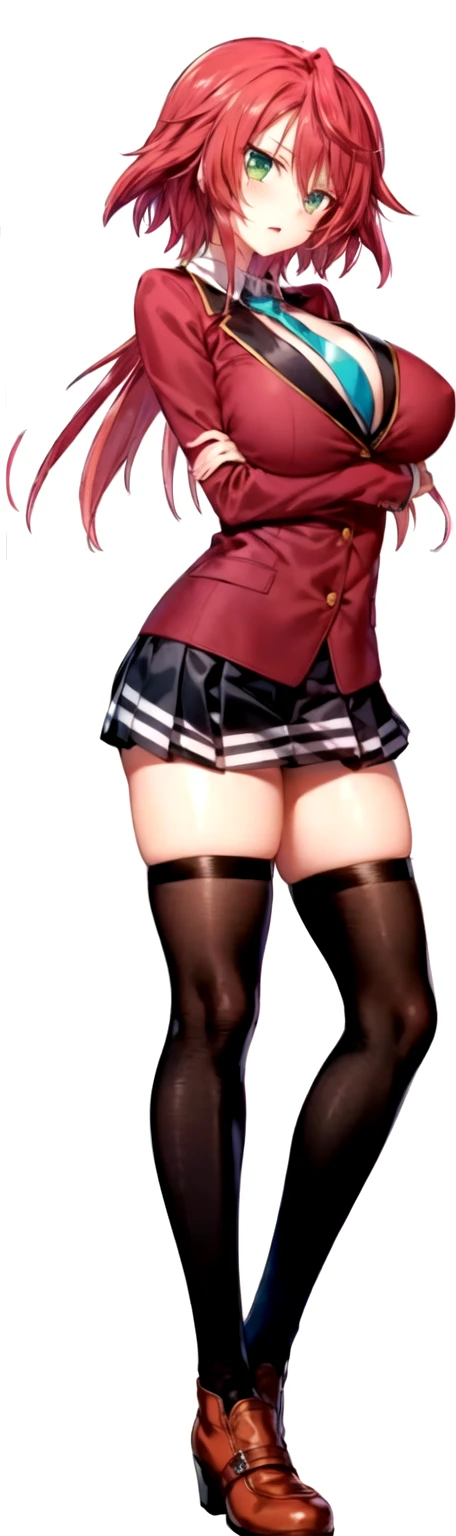 masterpiece, Highest quality, High resolution, , Red Hair, Red Bow, Striped blue scarf, blazer, Gold Button,(Shocked face),Red ugly jacket, Long sleeve, Big Breasts,Disdainful Eyes,Black Skirt, Black tights, Sexy thighs,Brown boots,Arms crossed,