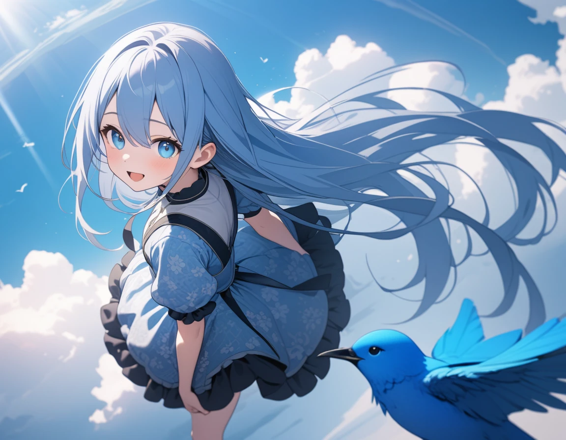 (8K, best quality, master piece: 1.2), super high resolution,1girl,16yo,ultra-detailed face,beautiful detailed eyes, luscious eyes,extra long hair,straight hair,blue hair,the girl is walking in the air straddling and riding on a large blue bird,enjoy,smile,open mouth,Wearing floral pattern blue ruffle dress,The blue bird is big and graceful and carrying a dwarf girl on its back,above the sky,crepuscular rays,Blue sky,aerial shot