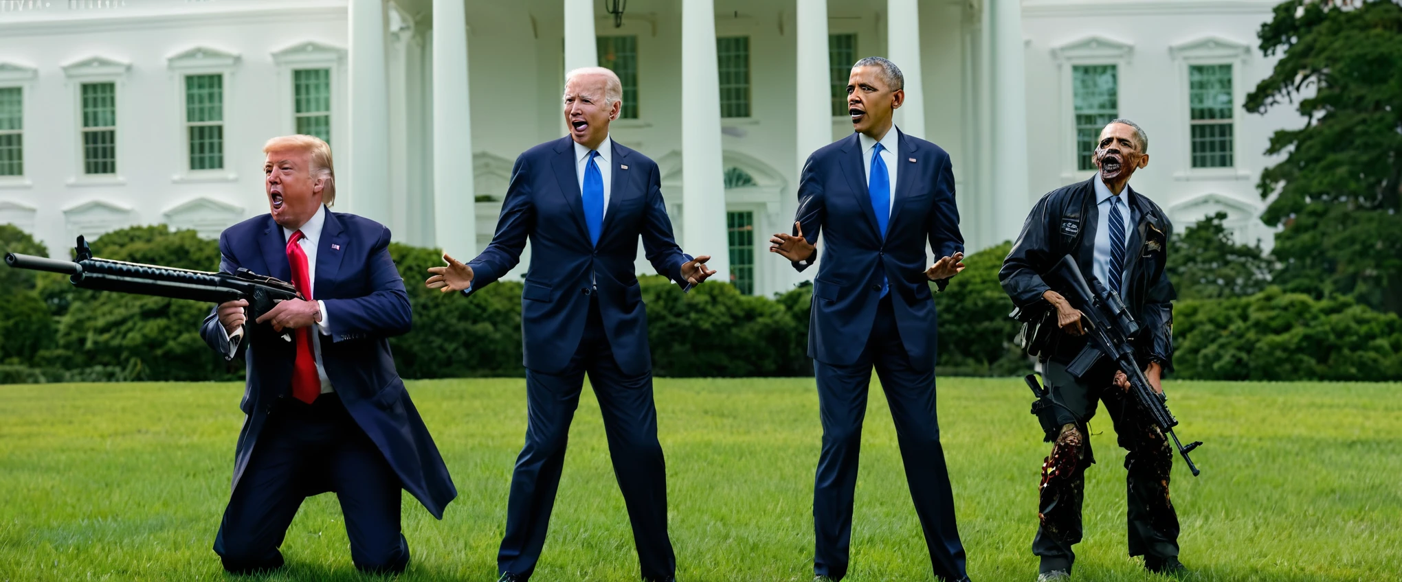 photo of donald trump, joe biden, and barack obama in front of the white house, there is a zombie apocalypse. The 3 presidents have huge guns and are firing into the growd of zombies screaming.