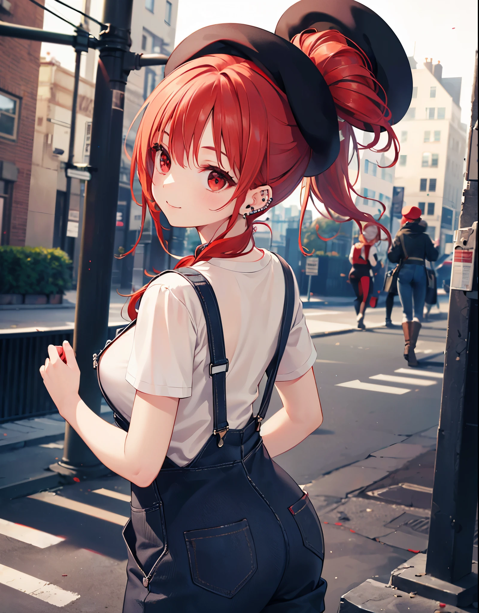 (Close-up:1.3),Realistic,Highest quality, Ultra Detail, High-quality CG rendering, The most delicate and beautiful, Floating softly, High resolution, (1 girl), (Highest quality,4K,8K,masterpiece:1.2),(All red hair:1.5), (ponytail:1.5),(Red eyes:1.5),(Slightly larger breasts:1.2), (Beige overalls:1.3),(Pure white inner T-shirt:1.3),(Black boots:1.3)、(Brown Beret:1.3)、Piercing in left ear,In the city,old buildings,(whole body:1.3),(smile),(Turn your back to your audience:1.3),Butt,Are standing