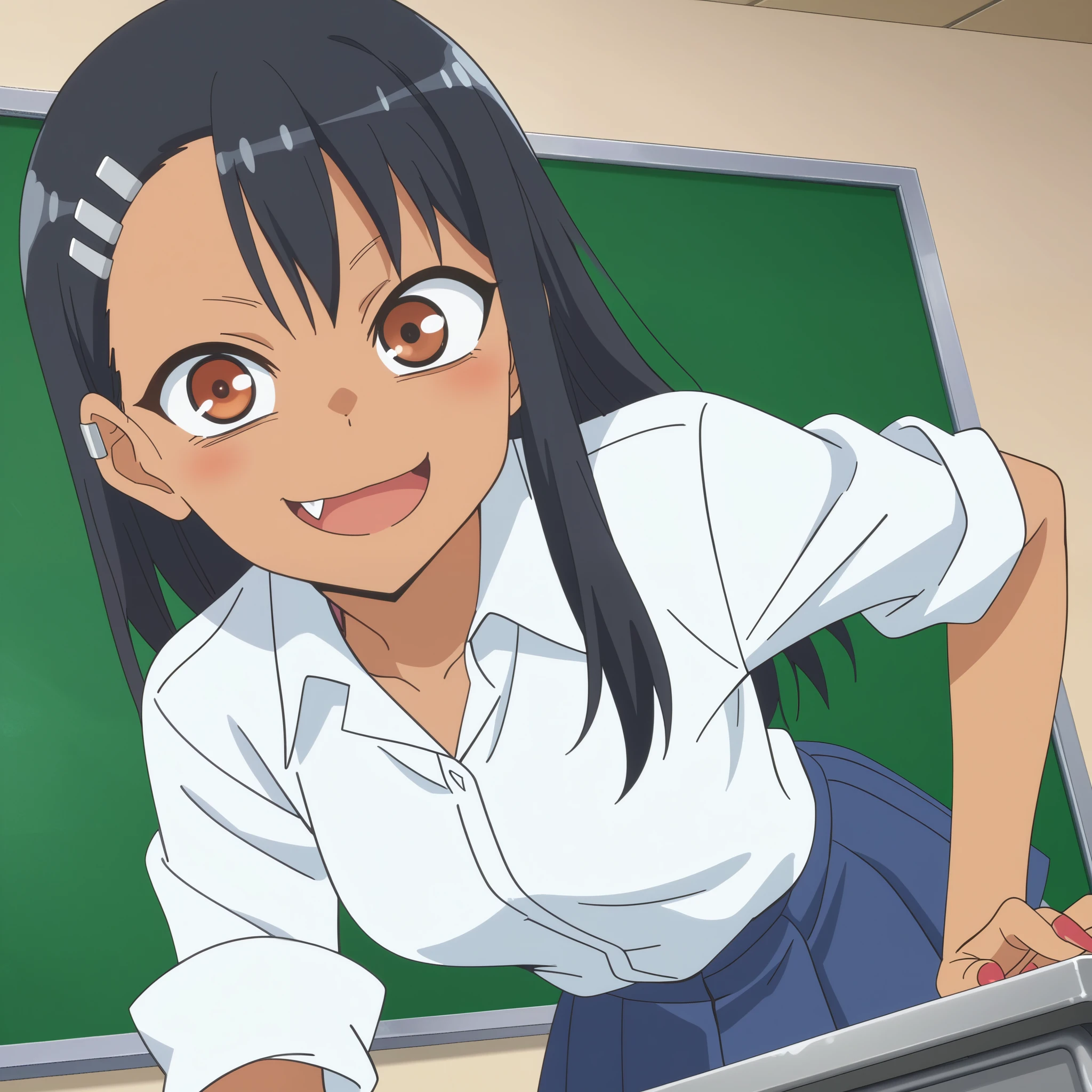 score_9, score_8_up, score_7_up, source_anime, anime screencap, anime coloring, 
hayasenagatoro,
hayase nagatoro, long hair, bangs, black hair, hair ornament, brown eyes, hairclip, fang, dark skin, dark-skinned female, tan,
skirt, shirt, , white shirt, pleated skirt, nail polish, blue skirt, red nails, earclip,
indoors, classroom, bent over, smile,
looking at viewer, cowboy shot, solo, dutch angle,