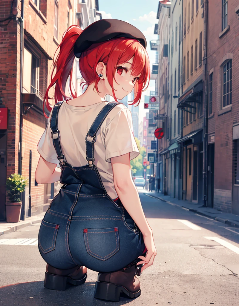 (Close-up:1.3),Realistic,Highest quality, Ultra Detail, High-quality CG rendering, The most delicate and beautiful, Floating softly, High resolution, (1 girl), (Highest quality,4K,8K,masterpiece:1.2),(All red hair:1.5), (ponytail:1.5),(Red eyes:1.5),(Slightly larger breasts:1.2), (White oversized long sleeve T-shirt:1.3),(Black skinny pants:1.3),(Pure black cap:1.3),In the city,old buildings,(whole body:1.3),(White sneakers:1.2),(Turn your back to your audience:1.3),Butt,Are standing,(Small shoulder bag:1.3)