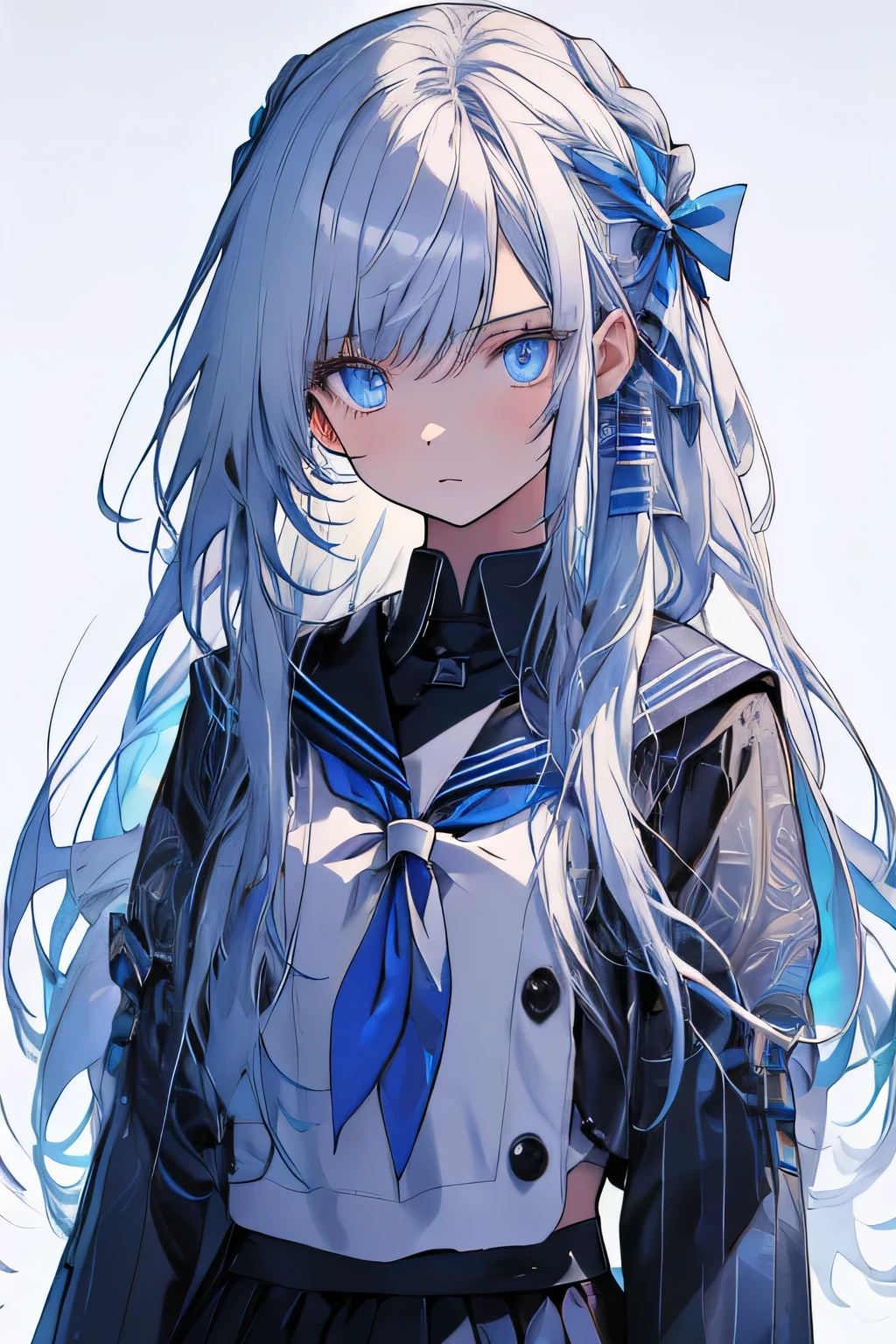 1girl, solo, long hair, looking at viewer, bangs, blue eyes, simple background, shirt, shiny silver hair, long sleeves, white background, holding, , white shirt, upper body, parted lips, serafuku, sailor collar, neckerchief, blue neckerchief
(pale color)