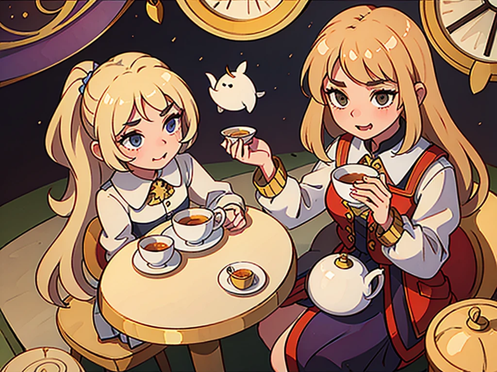 Pretty girl, british royalguard, blonde, looking down, holding tea cup, fang,