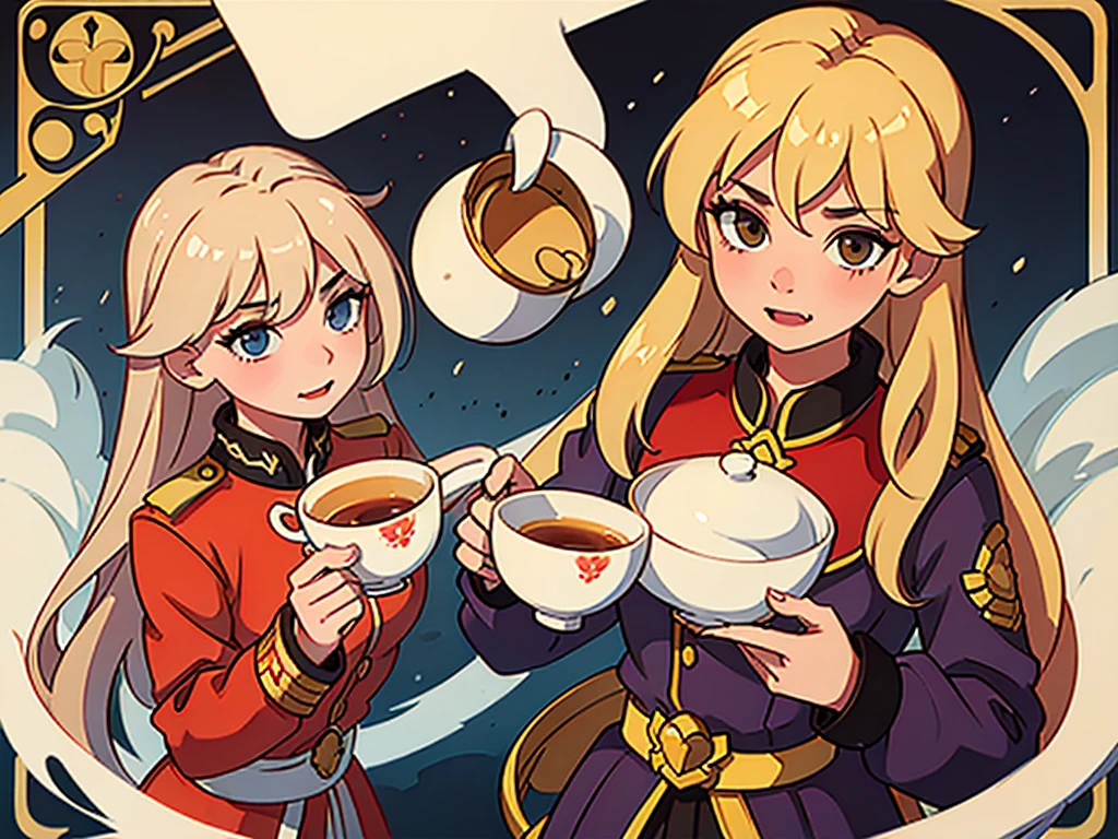 Pretty girl, british royalguard, blonde, looking down, holding tea cup, fang,
