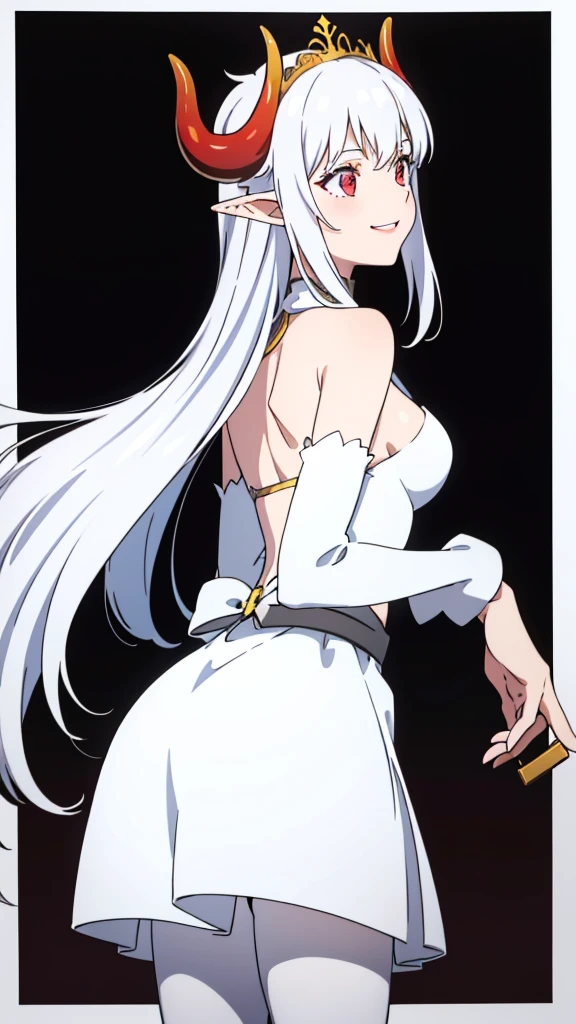 1girl,20s,solo,white short dress,white hair,long hair,elf ears,horns,white pantyhose,cleavage,red eyes,gold tiara,((no background)),talking,happy,smile,open mouth,back view,hand_on_own_cheek,looking to side,head up