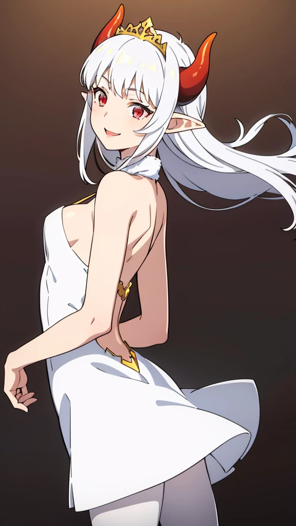1girl,16s,small size,solo,white short dress,white hair,long hair,elf ears,horns,white pantyhose,cleavage,red eyes,gold tiara,((no background)),talking,happy,smile,separated lips,back view