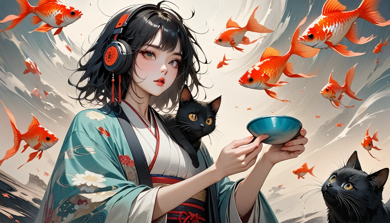 ((Masterpiece, high resolution, highest quality, highest quality real texture skin)), (1 girl), (wearing Japanese pattern headphones), (slender, double round and large Eyes, tongue slightly sticking out, beautiful lips, whole body), (wearing Japanese pattern haori: 1.4, Japanese pattern shorts: 1.3) , (black hair, beautiful shiny hair, bob, beige skin), (((Goldfish scooping))), (((Japanese Festivals))), (((One black cat))), (Black hair, messy hair, beige skin), (surreal, digital painting)