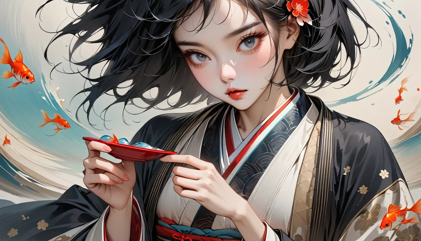 ((Masterpiece, high resolution, highest quality, highest quality real texture skin)), (1 girl), (wearing Japanese pattern headphones), (slender, double round and large Eyes, tongue slightly sticking out, beautiful lips, whole body), (wearing Japanese pattern haori: 1.4, Japanese pattern shorts: 1.3) , (black hair, beautiful shiny hair, bob, beige skin), (((Goldfish scooping))), (((Japanese Festivals))), (((One black cat))), (Black hair, messy hair, beige skin), (surreal, digital painting)