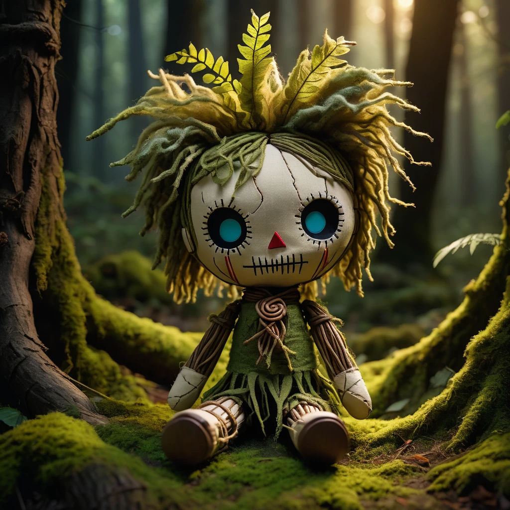 (knitted toy voodoo doll:1.6), (Voodoo Leshy:1.3), (Clothes Costume of leaves and moss, wooden mask:1.0), (Ghost roots, magic runes:1.1) (against the background of a dark forest with shadows and light:1.3), best quality, masterpiece, detailed soft oil painting, detailed background, dramatic cinematic lighting, soft edge lighting, professional, dramatic lighting, hard edge lighting, ultra quality, 4k,masterpiece, best quality, 8k, ultra highres, highres, extremely detailed