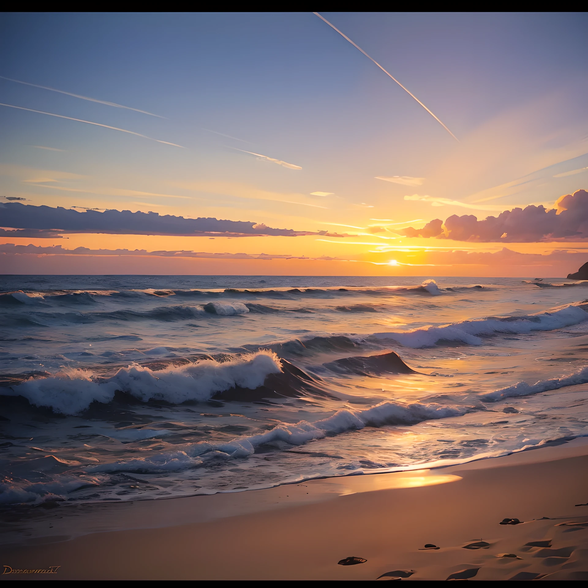 Sunrise on the beach with waves crashing in front of the shore, sunrise, beautiful sunrise, sunrise light, which shows a beach at sunrise, golden bay new zealand, sunset glow, by Don Reichert, vibrant sunrise, sunrise on the beach, breath taking, warm glow, soft glow, sun rising, by Alexander Robertson, sunrise light, epic sunrise