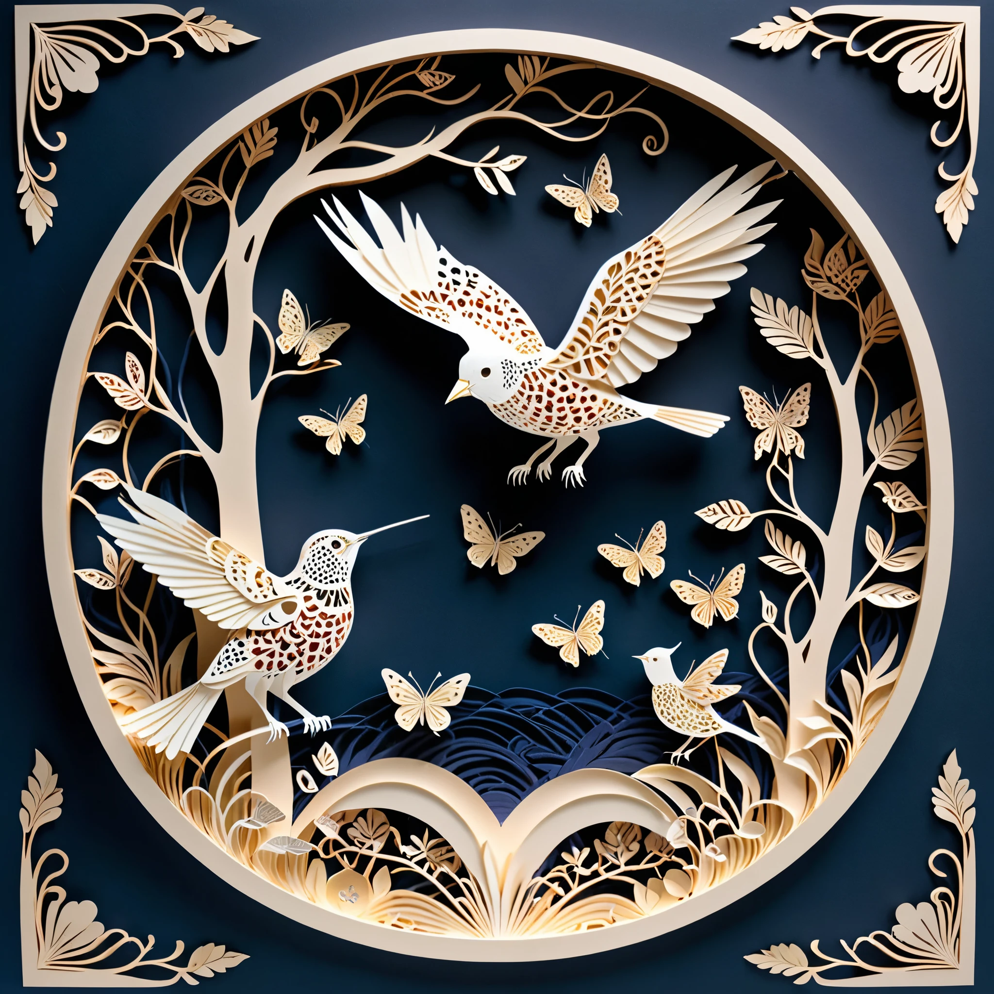Create a detailed paper cutout artwork depicting a scene that combines intricate patterns with various creatures. The scene should include a harmonious blend of elaborate, decorative patterns interwoven with animals such as birds, fish, butterflies, and other creatures. The patterns should complement the forms and movements of the animals, creating a seamless integration between the natural and the abstract. The artwork should evoke a sense of wonder and intricacy, highlighting the beauty and complexity of both the patterns and the creatures. The overall mood should be artistic and enchanting, capturing the elegance of nature through detailed design