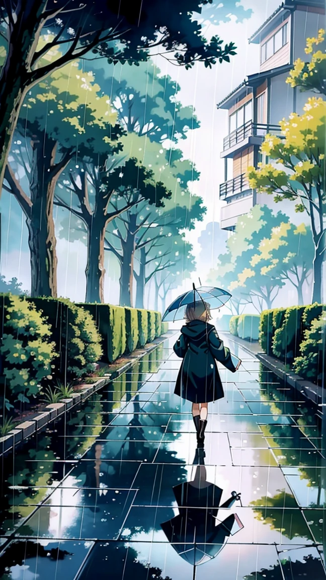 A Japanese anime-style illustration of a young girl walking with an umbrella in the rain. The scene depicts the girl in a serene and peaceful atmosphere, with soft lighting and gentle rain. The background includes elements like trees, a pathway, and a calm landscape, creating a tranquil setting. The girl is wearing a light raincoat and boots, with her umbrella shielding her from the rain. The image is in a 9:16 aspect ratio.