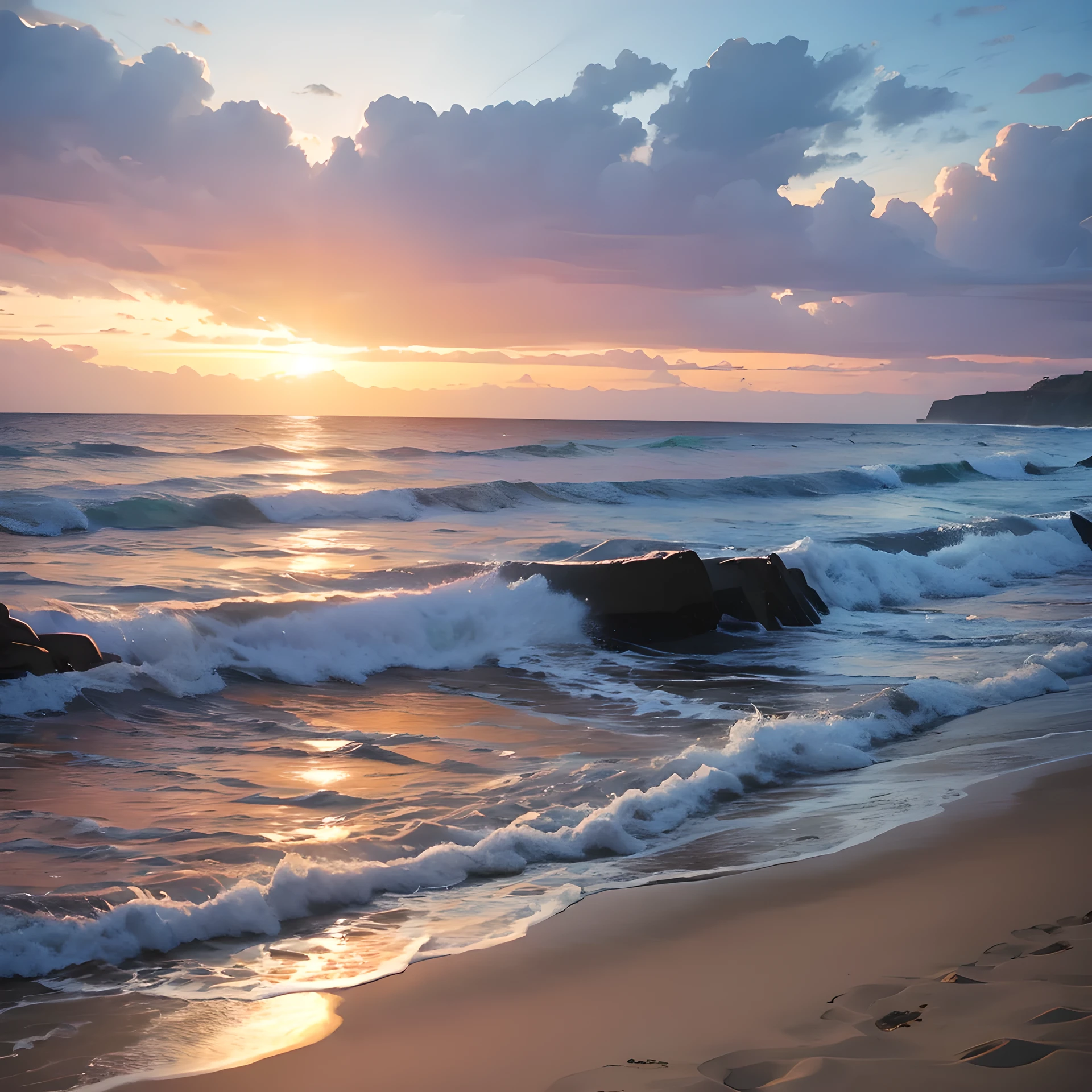 sunrise on the beach with waves crashing in front of the shore, a photorealistic painting by Don Reichert, shutterstock contest winner, fine art, sunrise, beautiful sunrise, sunrise light, which shows a beach at sunrise, golden bay new zealand, sunrise glow, vibrant sunrise, sunrise on the beach, breath taking, warm glow, soft glow, sun rising