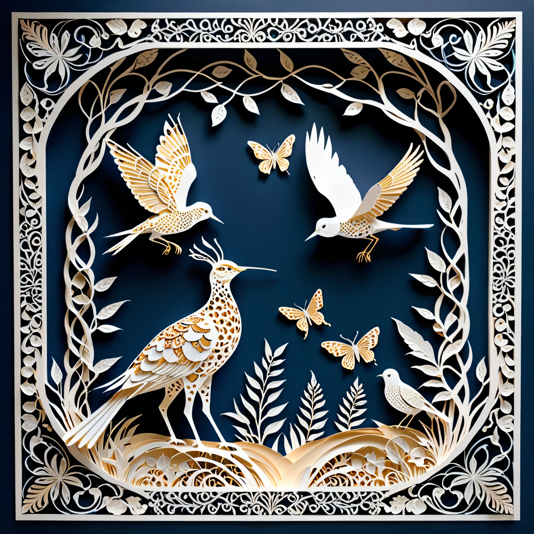 Create a detailed paper cutout artwork depicting a scene that combines intricate patterns with various creatures. The scene should include a harmonious blend of elaborate, decorative patterns interwoven with animals such as birds, fish, butterflies, and other creatures. The patterns should complement the forms and movements of the animals, creating a seamless integration between the natural and the abstract. The artwork should evoke a sense of wonder and intricacy, highlighting the beauty and complexity of both the patterns and the creatures. The overall mood should be artistic and enchanting, capturing the elegance of nature through detailed design