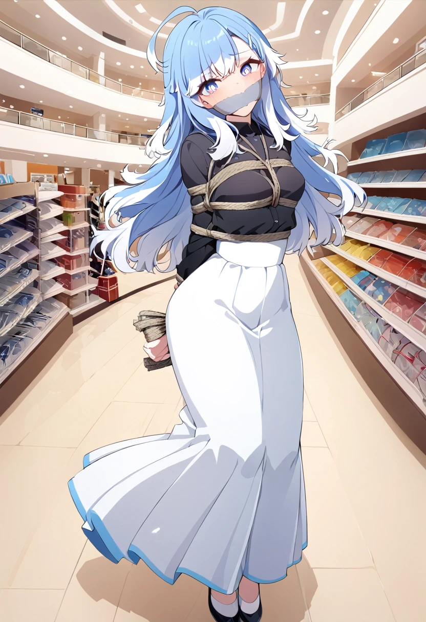 score_9, score_8_up, source_anime, 1girl, solo, KoboKanaeru, blue eyes, long hair, blue hair, colored tips, white hair, high-waist skirt, long skirt, white skirt, black shirt, long sleeves, , standing, indoors, shopping mall, (bound with an excessive amount of ropes), (bound wirsts), (arms behind back), (tapegag, tape gag), dramatic,  (looking at viewer), (detailed pupils:1.3)