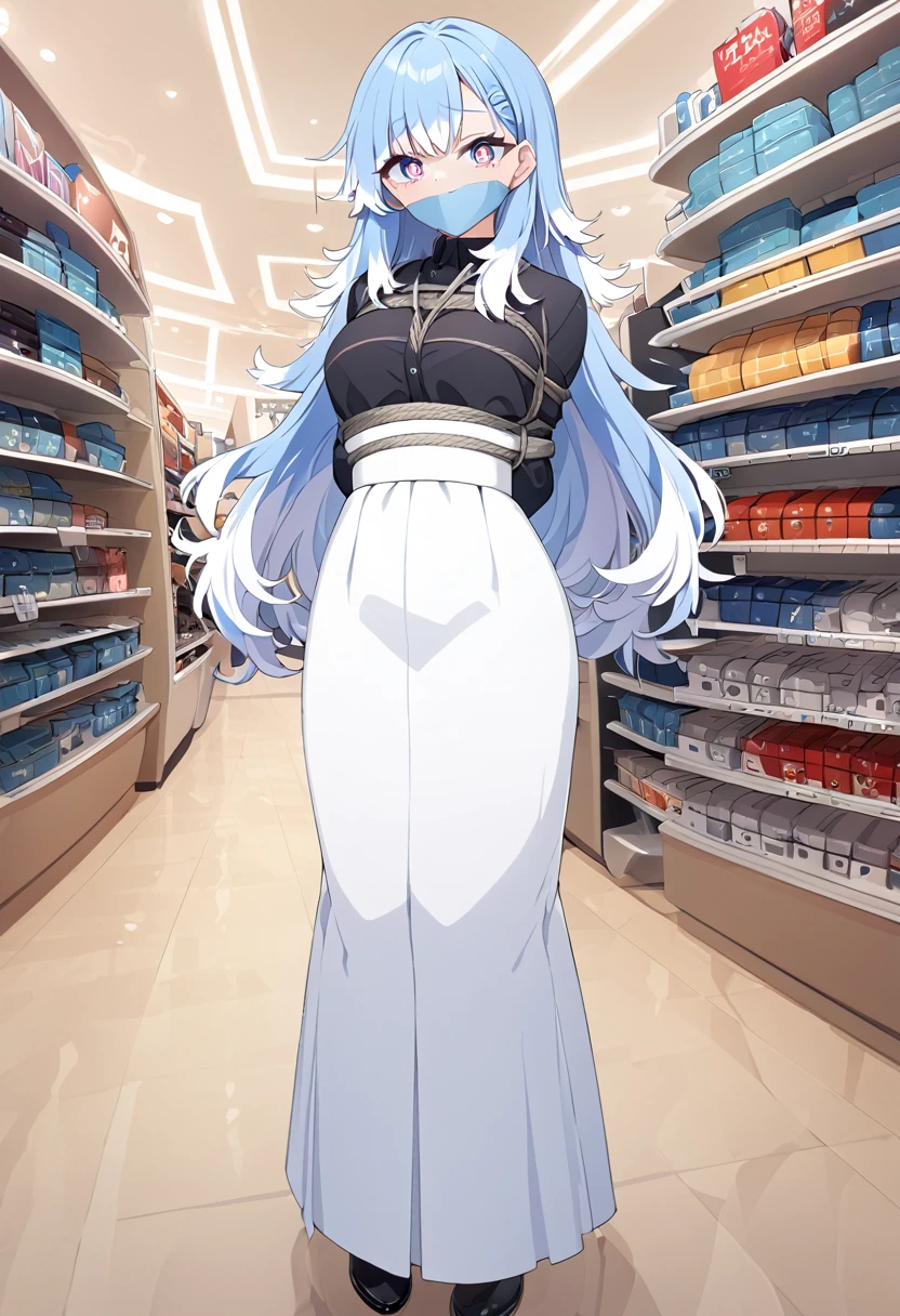 score_9, score_8_up, source_anime, 1girl, solo, KoboKanaeru, blue eyes, long hair, blue hair, colored tips, white hair, high-waist skirt, long skirt, white skirt, black shirt, long sleeves, , standing, indoors, shopping mall, (bound with an excessive amount of ropes), (bound wirsts), (arms behind back), (tapegag, tape gag), dramatic,  (looking at viewer), (detailed pupils:1.3)