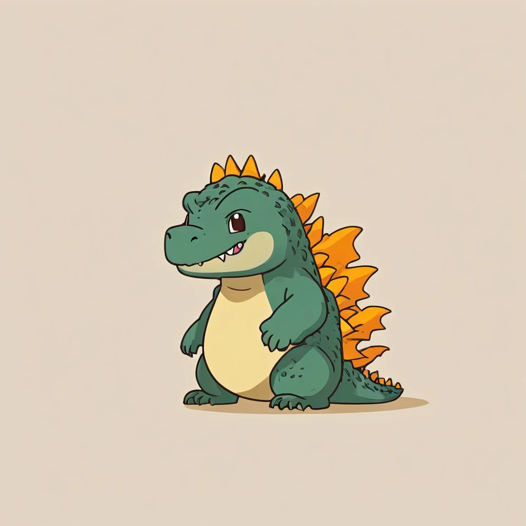 cute Godzilla with a sad expression, vibrant colors in beige tones, side view, simple cartoon, flat color cartoon illustration, simple and minimalist design, isolated on a white background,