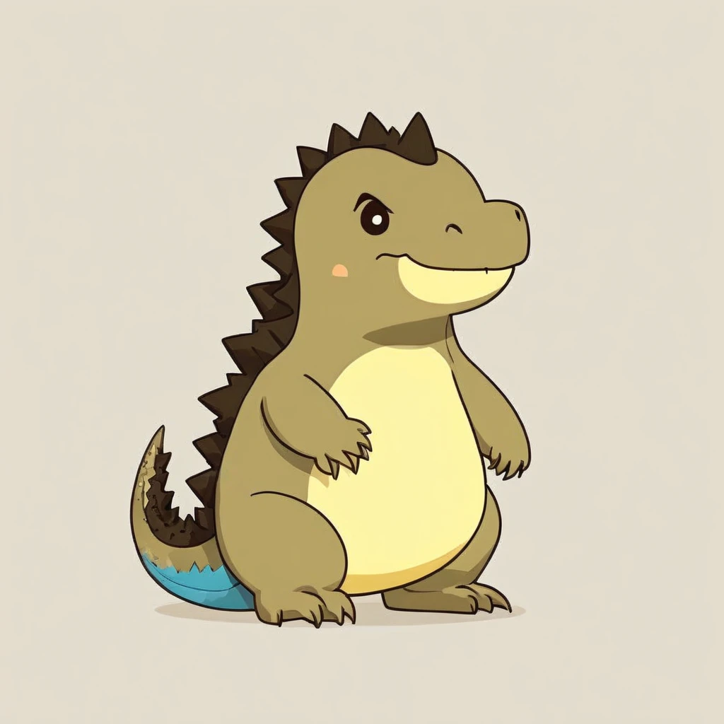 cute Godzilla with a sad expression, vibrant colors in beige tones, side view, simple cartoon, flat color cartoon illustration, simple and minimalist design, isolated on a white background,