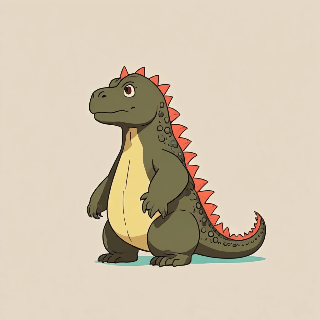 cute Godzilla with a sad expression, vibrant colors in beige tones, side view, simple cartoon, flat color cartoon illustration, simple and minimalist design, isolated on a white background,