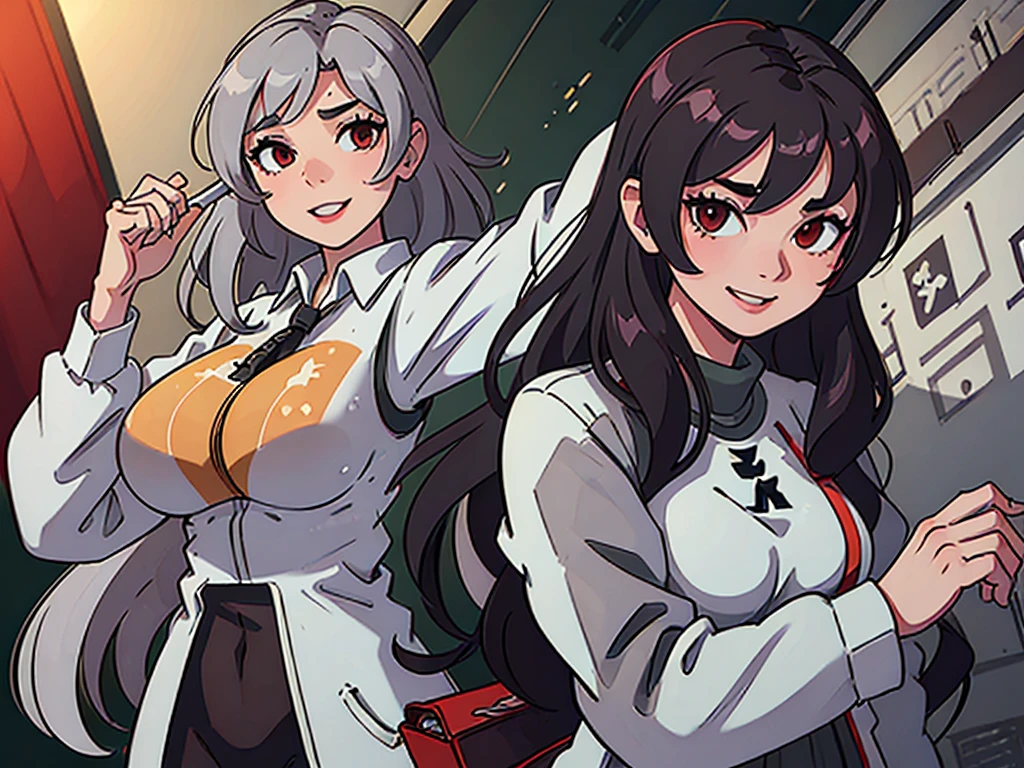 (fidelity: 1.4), amazing, masterpiece, ((female, big boobs)), slim, muscular, sharp ears, light gray skin, long curly gray hair, red eyes, smile, minder, do not disturb, Recite the Pipa
