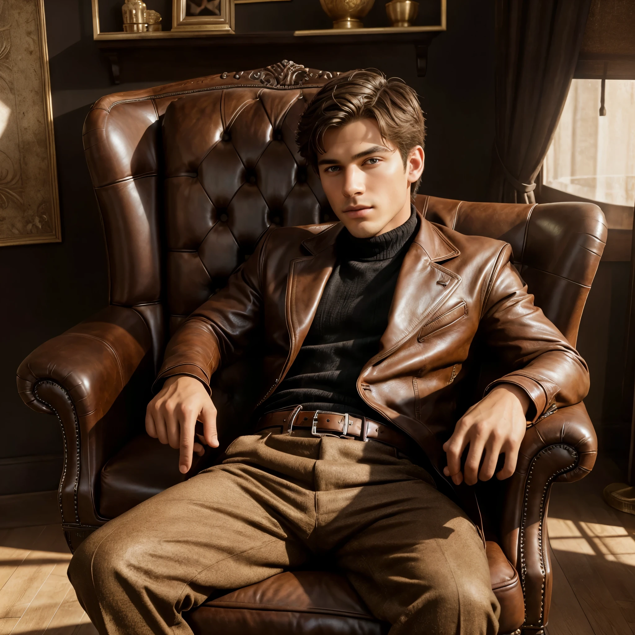 A boy sitting on a stylish chair, brown leather armchair, detailed facial features, beautiful eyes, high-quality 8k image, photorealistic, cinematic lighting, warm color tones, interior setting, soft shadows, detailed textures, elegant composition