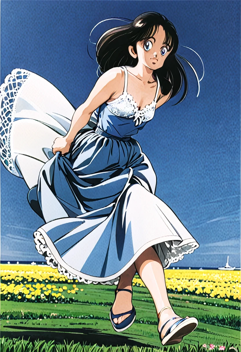 音無響子制服のLong skirt、The color is dark blue、
Low - Angle、制服のLong skirt、The color is dark blue、
Low - Angle、Long skirt、Hold down your skirt that is being blown up by the strong wind、Anime white panties in a strong wind、Crotch is visible
ローレグのパンツ、Color: White、
Crotch is visible、
、Lined、White lace lining、
