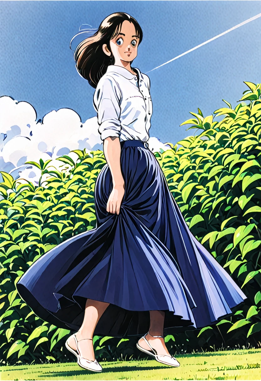 音無響子制服のLong skirt、The color is dark blue、
Low - Angle、制服のLong skirt、The color is dark blue、
Low - Angle、Long skirt、Hold down your skirt that is being blown up by the strong wind、Anime white panties in a strong wind、Crotch is visible
ローレグのパンツ、Color: White、
Crotch is visible、
、Lined、White lace lining、