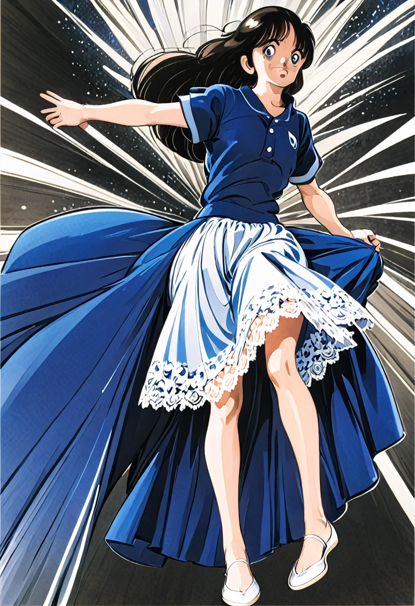 音無響子制服のLong skirt、The color is dark blue、
Low - Angle、制服のLong skirt、The color is dark blue、
Low - Angle、Long skirt、Hold down your skirt that is being blown up by the strong wind、Anime white panties in a strong wind、Crotch is visible
ローレグのパンツ、Color: White、
Crotch is visible、
、Lined、White lace lining、
