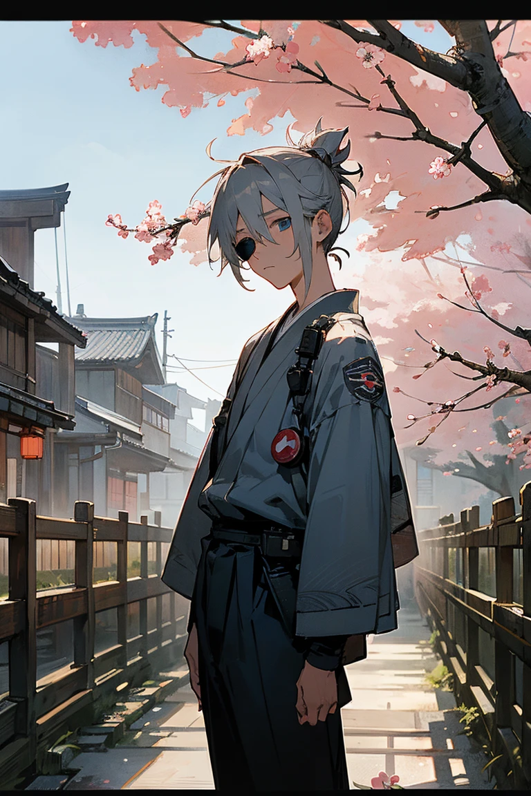 1 male, teenager, Gray Hair, short hair, Messy Man Bun, blue eyes, ((Black Pilot)), White yukata, Black underwear, (old Japan background), Detailed Background, standing on the path, Expressionless, emotionless, Old Japanese town background, Cherry tree、sunglasses、Landscape、Wearing a white yukata、